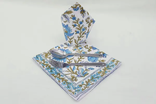 Pure_Cotton_Green_And_Blue_Floral_Hand_Block_Print_Napkin_Cocktail_Napkin_Dinner_Napkin_Buffet_Napkin_Horde_Oeuvres