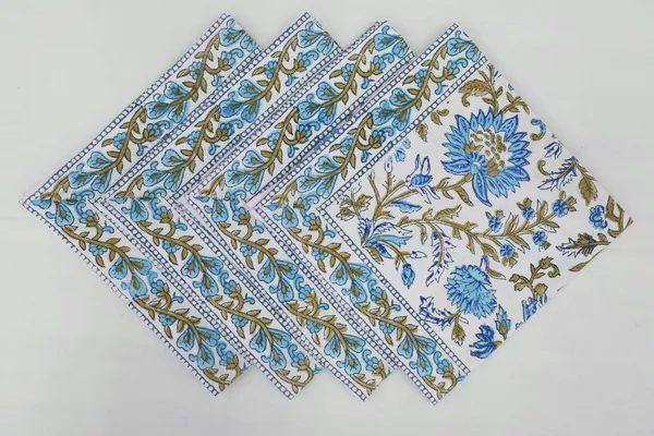 Pure_Cotton_Green_And_Blue_Floral_Hand_Block_Print_Napkin_Cocktail_Napkin_Dinner_Napkin_Buffet_Napkin_Horde_Oeuvres