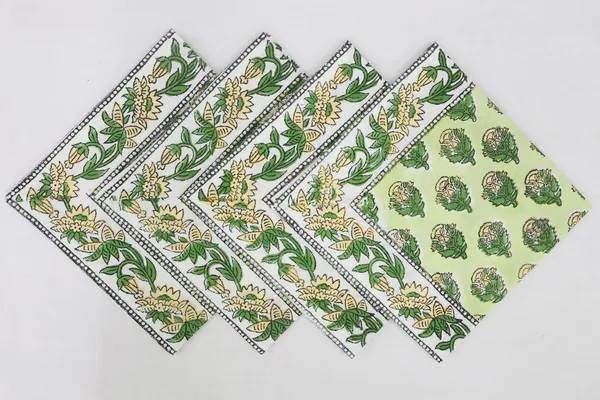 Pure_Cotton_Green_And_Yellow_Floral_Hand_Block_Print_Napkin_Cocktail_Napkin_Dinner_Napkin_Buffet_Napkin_Horde_Oeuvres