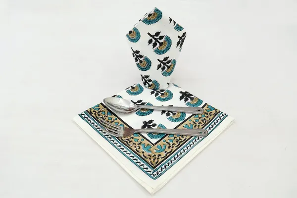 Pure_Cotton_Teal_and_Yellow_Floral_Hand_Block_Print_Napkin,_Cocktail_napkin,_Dinner_napkin,_Buffet_Napkin,_Horde_oeuvres_Size_13"x_13"