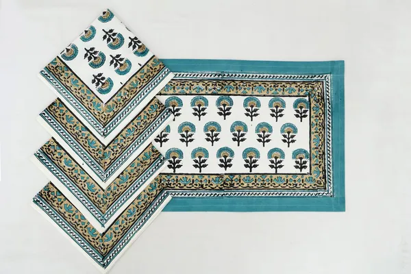 Pure_Cotton_Teal_and_Yellow_Floral_Hand_Block_Print_Napkin,_Cocktail_napkin,_Dinner_napkin,_Buffet_Napkin,_Horde_oeuvres_Size_18"x_18"