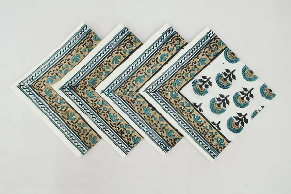 Pure_Cotton_Teal_and_Yellow_Floral_Hand_Block_Print_Napkin,_Cocktail_napkin,_Dinner_napkin,_Buffet_Napkin,_Horde_oeuvres_Size_20"x20"