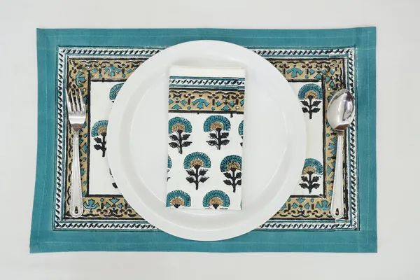 Pure_Cotton_Teal_and_Yellow_Floral_Hand_Block_Print_Napkin,_Cocktail_napkin,_Dinner_napkin,_Buffet_Napkin,_Horde_oeuvres_Size_20"x20"