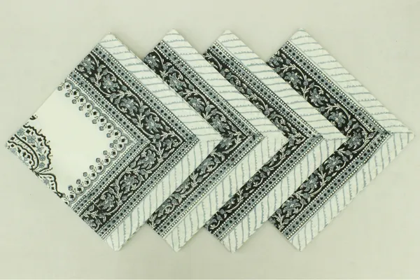 Pure_Cotton_Black_and_White_Floral_Hand_Block_Print_Napkin,_Cocktail_napkin,_Dinner_napkin,_Buffet_Napkin,_Horde_oeuvres_Size_13"x_13"