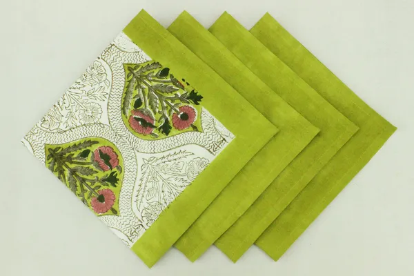 Pure_Cotton_Lime_Green_and_Pink_Floral_Hand_Block_Print_Napkin,_Cocktail_napkin,_Dinner_napkin,_Buffet_Napkin,_Horde_oeuvres_Size_13"x_13"