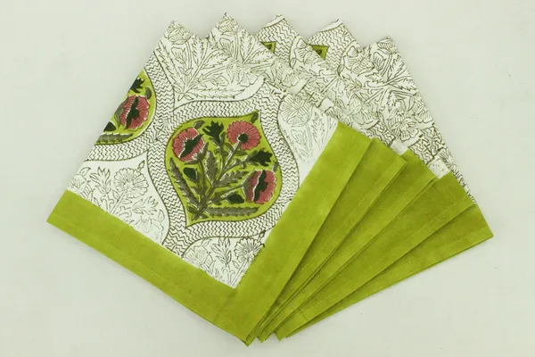 Pure_Cotton_Lime_Green_and_Pink_Floral_Hand_Block_Print_Napkin,_Cocktail_napkin,_Dinner_napkin,_Buffet_Napkin,_Horde_oeuvres_Size_20"x20"