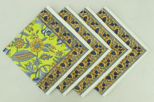 Pure_Cotton_Yellow_and_Grey_Floral_Hand_Block_Print_Napkin,_Cocktail_napkin,_Dinner_napkin,_Buffet_Napkin,_Horde_oeuvres_Size_13"x_13"