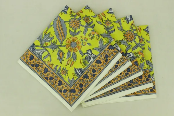 Pure_Cotton_Yellow_and_Grey_Floral_Hand_Block_Print_Napkin,_Cocktail_napkin,_Dinner_napkin,_Buffet_Napkin,_Horde_oeuvres_Size_13"x_13"