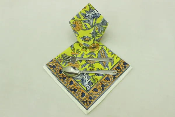 Pure_Cotton_Yellow_and_Grey_Floral_Hand_Block_Print_Napkin,_Cocktail_napkin,_Dinner_napkin,_Buffet_Napkin,_Horde_oeuvres_Size_18"x_18"