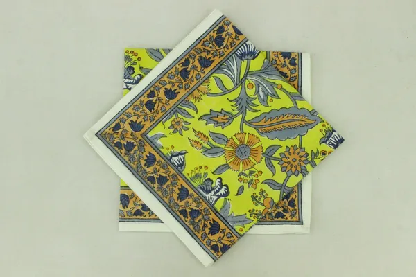 Pure_Cotton_Yellow_and_Grey_Floral_Hand_Block_Print_Napkin,_Cocktail_napkin,_Dinner_napkin,_Buffet_Napkin,_Horde_oeuvres_Size_20"x20"