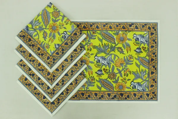 Pure_Cotton_Yellow_and_Grey_Floral_Hand_Block_Print_Napkin,_Cocktail_napkin,_Dinner_napkin,_Buffet_Napkin,_Horde_oeuvres_Size_20"x20"