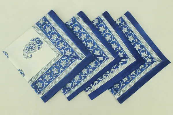 Pure_Cotton_White_and_Blue_Floral_Hand_Block_Print_Napkin,_Cocktail_napkin,_Dinner_napkin,_Buffet_Napkin,_Horde_oeuvres_Size_20"x20"
