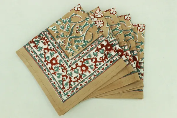 Pure_Cotton_Brown,_Red_and_Green_Floral_Hand_Block_Print_Napkin,_Cocktail_napkin,_Dinner_napkin,_Buffet_Napkin,_Horde_oeuvres_Size_13"x_13"