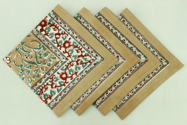 Pure_Cotton_Brown,_Red_and_Green_Floral_Hand_Block_Print_Napkin,_Cocktail_napkin,_Dinner_napkin,_Buffet_Napkin,_Horde_oeuvres_Size_13"x_13"