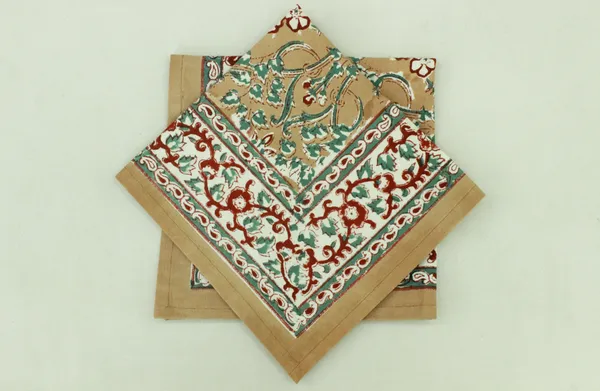 Pure_Cotton_Brown,_Red_and_Green_Floral_Hand_Block_Print_Napkin,_Cocktail_napkin,_Dinner_napkin,_Buffet_Napkin,_Horde_oeuvres_Size_13"x_13"