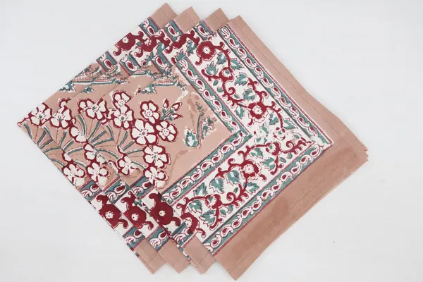 Pure_Cotton_Pink,_Peach_and_Teal_Floral_Hand_Block_Print_Napkin,_Cocktail_napkin,_Dinner_napkin,_Buffet_Napkin,_Horde_oeuvres_Size_13"x_13"