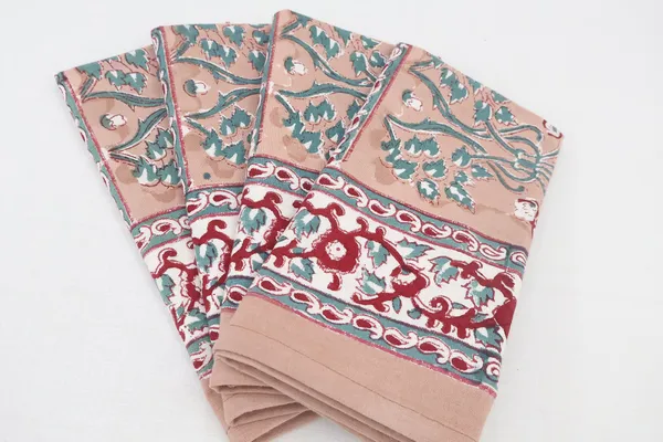 Pure_Cotton_Pink,_Peach_and_Teal_Floral_Hand_Block_Print_Napkin,_Cocktail_napkin,_Dinner_napkin,_Buffet_Napkin,_Horde_oeuvres_Size_18"x_18"