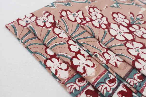 Pure_Cotton_Pink,_Peach_and_Teal_Floral_Hand_Block_Print_Napkin,_Cocktail_napkin,_Dinner_napkin,_Buffet_Napkin,_Horde_oeuvres_Size_20"x20"