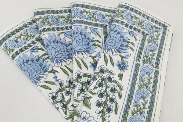 Pure_Cotton_Blue,_Green_and_White_Floral_Hand_Block_Print_Napkin,_Cocktail_napkin,_Dinner_napkin,_Buffet_Napkin,_Horde_oeuvres_Size_13"x_13"