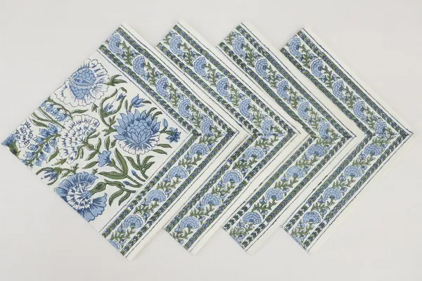 Pure_Cotton_Blue,_Green_and_White_Floral_Hand_Block_Print_Napkin,_Cocktail_napkin,_Dinner_napkin,_Buffet_Napkin,_Horde_oeuvres_Size_20"x20"