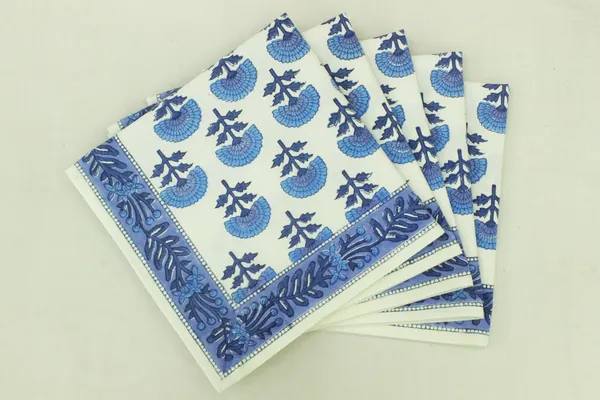 Pure_Cotton_White_and_Blue_Floral_Hand_Block_Print_Napkin,_Cocktail_napkin,_Dinner_napkin,_Buffet_Napkin,_Horde_oeuvres_Size_13"x_13"