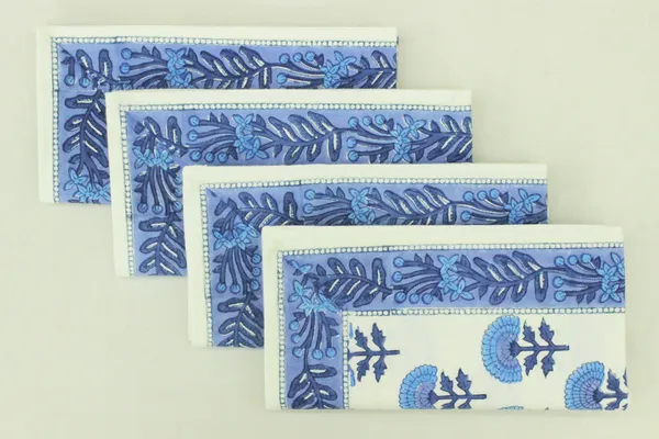 Pure_Cotton_White_and_Blue_Floral_Hand_Block_Print_Napkin,_Cocktail_napkin,_Dinner_napkin,_Buffet_Napkin,_Horde_oeuvres_Size_13"x_13"