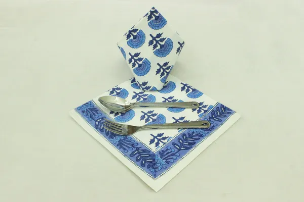 White_&_Blue_Floral_Pure_Cotton_|__Hand_Block_Print_Napkin