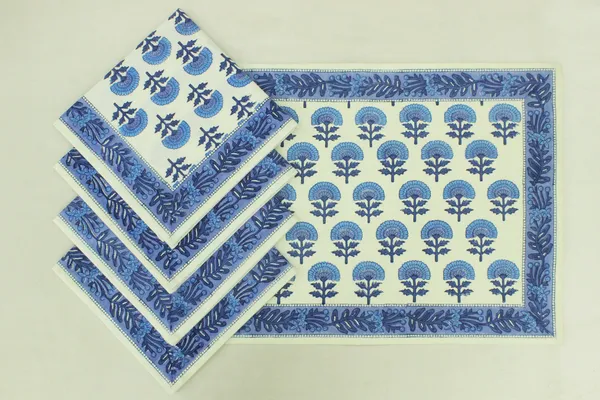 White_&_Blue_Floral_Pure_Cotton_|__Hand_Block_Print_Napkin