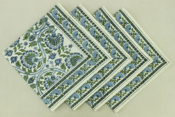 Pure_Cotton_Blue,_Green_and_White_Hand_Block_Print_Napkin,_Cocktail_napkin,_Dinner_napkin,_Buffet_Napkin,_Horde_oeuvres_Size_13"x_13"