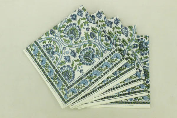 Pure_Cotton_Blue,_Green_and_White_Hand_Block_Print_Napkin,_Cocktail_napkin,_Dinner_napkin,_Buffet_Napkin,_Horde_oeuvres_Size_13"x_13"