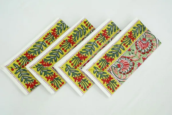 Pure_Cotton_Green,_Yellow_and_Red_Hand_Block_Print_Napkin,_Cocktail_napkin,_Dinner_napkin,_Buffet_Napkin,_Horde_oeuvres_Size_13"x_13"