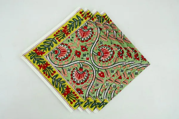 Pure_Cotton_Green,_Yellow_and_Red_Hand_Block_Print_Napkin,_Cocktail_napkin,_Dinner_napkin,_Buffet_Napkin,_Horde_oeuvres_Size_18"x_18"