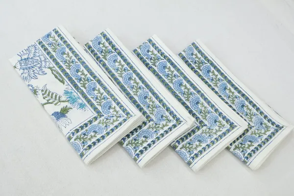 Pure_Cotton_Green_Blue_and_White_Floral_Hand_Block_Print_Napkin,_Cocktail_napkin,_Dinner_napkin,_Buffet_Napkin,_Horde_oeuvres_Size_13"x_13"