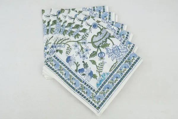 Pure_Cotton_Green_Blue_and_White_Floral_Hand_Block_Print_Napkin,_Cocktail_napkin,_Dinner_napkin,_Buffet_Napkin,_Horde_oeuvres_Size_13"x_13"