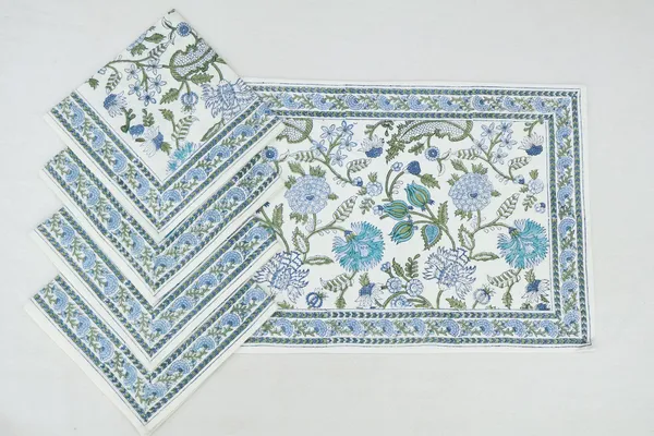 Pure_Cotton_Green_Blue_and_White_Floral_Hand_Block_Print_Napkin,_Cocktail_napkin,_Dinner_napkin,_Buffet_Napkin,_Horde_oeuvres_Size_18"x_18"