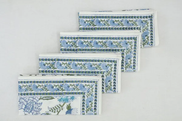 Pure_Cotton_Green_Blue_and_White_Floral_Hand_Block_Print_Napkin,_Cocktail_napkin,_Dinner_napkin,_Buffet_Napkin,_Horde_oeuvres_Size_18"x_18"