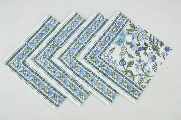 Pure_Cotton_Green_Blue_and_White_Floral_Hand_Block_Print_Napkin,_Cocktail_napkin,_Dinner_napkin,_Buffet_Napkin,_Horde_oeuvres_Size_18"x_18"