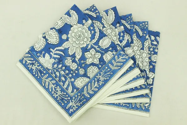 Pure_Cotton_Blue_and_White_Floral_Hand_Block_Print_Napkin,_Cocktail_napkin,_Dinner_napkin,_Buffet_Napkin,_Horde_oeuvres_Size_13"x_13"