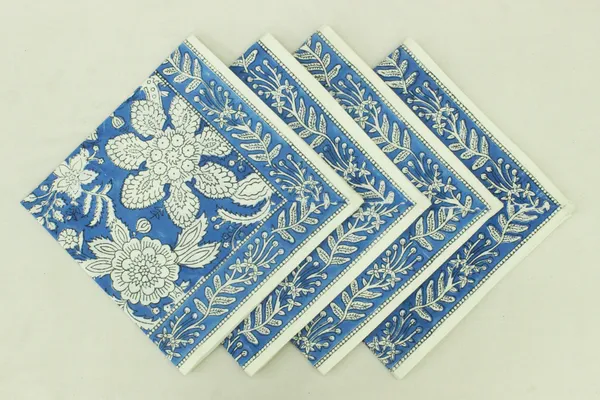 Pure_Cotton_Blue_and_White_Floral_Hand_Block_Print_Napkin,_Cocktail_napkin,_Dinner_napkin,_Buffet_Napkin,_Horde_oeuvres_Size_18"x_18"