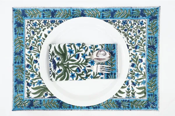 Green,_Blue_and_White_Pure_Cotton_Floral_Hand_Block_Print_Napkin,_Cocktail_napkin,_Dinner_napkin,_Buffet_Napkin,_Horde_oeuvres_Size_13"x_13"