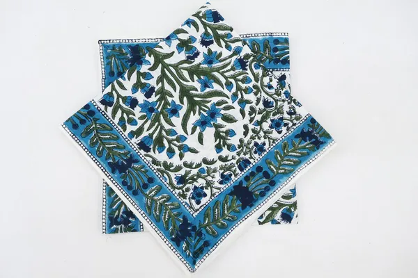 Green,_Blue_and_White_Pure_Cotton_Floral_Hand_Block_Print_Napkin,_Cocktail_napkin,_Dinner_napkin,_Buffet_Napkin,_Horde_oeuvres_Size_13"x_13"