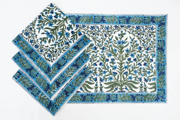 Green,_Blue_and_White_Pure_Cotton_Floral_Hand_Block_Print_Napkin,_Cocktail_napkin,_Dinner_napkin,_Buffet_Napkin,_Horde_oeuvres_Size_13"x_13"