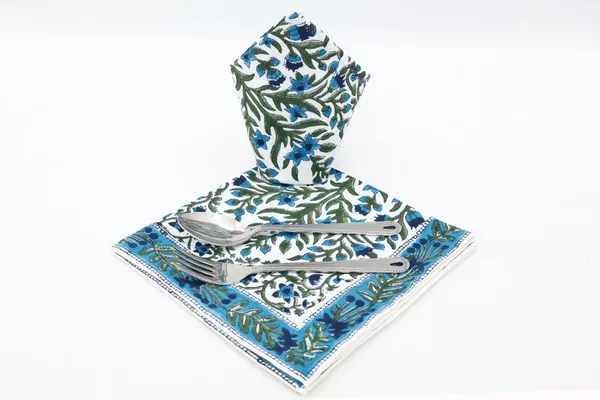 Green,_Blue_and_White_Pure_Cotton_Floral_Hand_Block_Print_Napkin,_Cocktail_napkin,_Dinner_napkin,_Buffet_Napkin,_Horde_oeuvres_Size_20"x20"