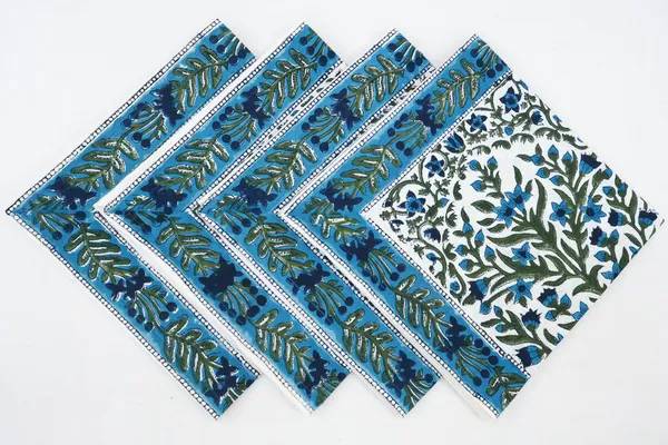 Green,_Blue_and_White_Pure_Cotton_Floral_Hand_Block_Print_Napkin,_Cocktail_napkin,_Dinner_napkin,_Buffet_Napkin,_Horde_oeuvres_Size_20"x20"