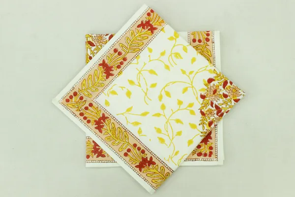 Yellow,_Red_and_White_Pure_Cotton_Floral_Hand_Block_Print_Napkin,_Cocktail_napkin,_Dinner_napkin,_Buffet_Napkin,_Horde_oeuvres_Size_18"x_18"