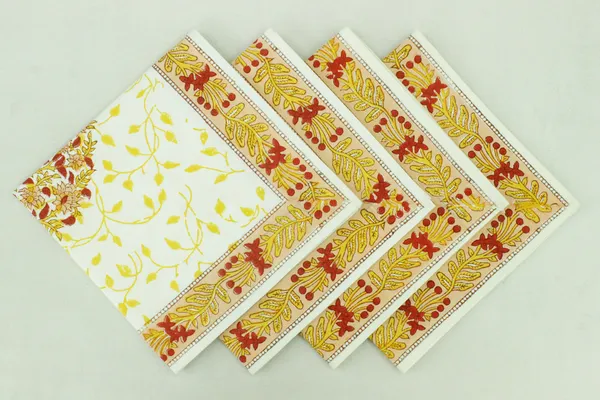 Yellow,_Red_and_White_Pure_Cotton_Floral_Hand_Block_Print_Napkin,_Cocktail_napkin,_Dinner_napkin,_Buffet_Napkin,_Horde_oeuvres_Size_20"x20"