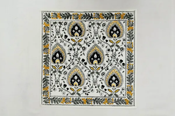 Yellow,_Black_and_White_Pure_Cotton_Floral_Hand_Block_Print_Napkin,_Cocktail_napkin,_Dinner_napkin,_Buffet_Napkin,_Horde_oeuvres_Size_13"x_13"