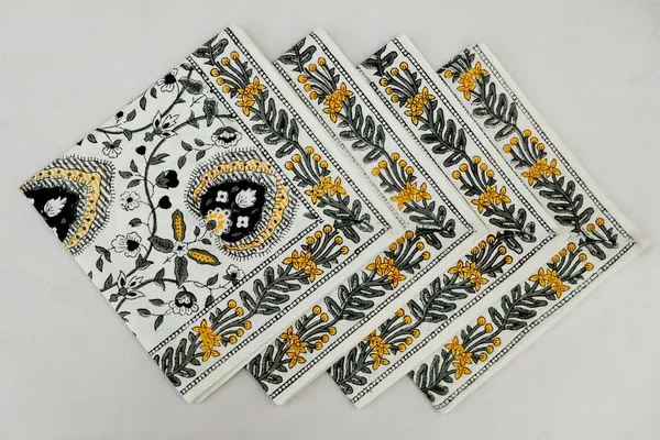 Yellow,_Black_and_White_Pure_Cotton_Floral_Hand_Block_Print_Napkin,_Cocktail_napkin,_Dinner_napkin,_Buffet_Napkin,_Horde_oeuvres_Size_13"x_13"
