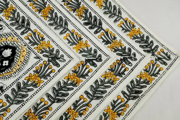 Yellow,_Black_and_White_Pure_Cotton_Floral_Hand_Block_Print_Napkin,_Cocktail_napkin,_Dinner_napkin,_Buffet_Napkin,_Horde_oeuvres_Size_18"x_18"