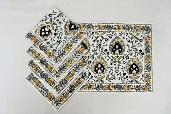 Yellow,_Black_and_White_Pure_Cotton_Floral_Hand_Block_Print_Napkin,_Cocktail_napkin,_Dinner_napkin,_Buffet_Napkin,_Horde_oeuvres_Size_18"x_18"